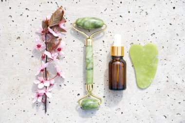 Taş beton arka planda yüz masajı kiti ile düz yatıyordu - yeşim taşlı gua sha aracı ve yüz silindirli güzellik yüz serumu ya da kozmetik ve çiçek açan sakura dalı. Doğal taş yüz masajcısı, model resim