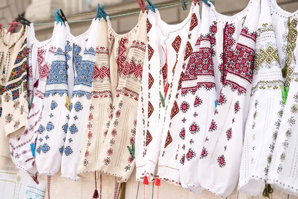 Variety Ethnic Ukrainian Traditional Embroidered Shirts Vyshyvanka Traditional Embroidered Clothes — Stock Photo, Image