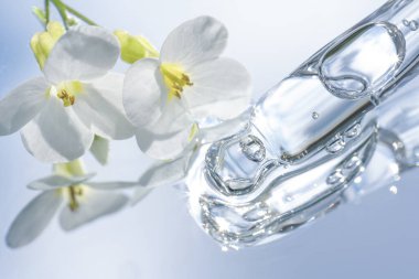 Pipette with transparent liquid with white flowers around on blue mirror background. Texture of face serum or cosmetic oil. Selective focus, beauty cosmetics clipart
