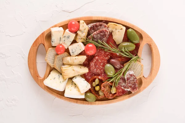 Top View Cheese Meat Snacks Platter Traditional Italian Antipasti Board — Stock Photo, Image