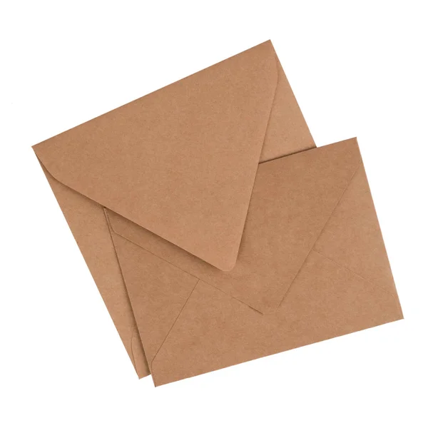 两个棕色牛皮纸信封前后隔离在白色背景为您的设计项目 邮寄概念 模仿形象 — 图库照片