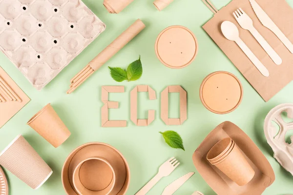 Papier Utensilien Und Holz Bambus Besteck Mit Text Eco Mit — Stockfoto