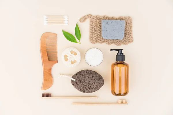 Natural bath accessories and self-care products for body and skin care over light background. Zero waste and eco living concept. Flat lay style