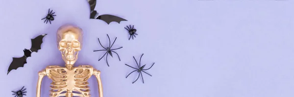 Creepy Halloween Banner Bats Spiders Golden Skeleton Purple Background Copy — Stockfoto