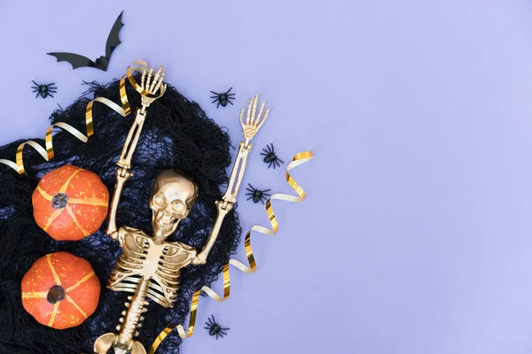 Funny Creepy Halloween Composition Black Cobweb Spiders Pumpkins Bats Golden — Stockfoto