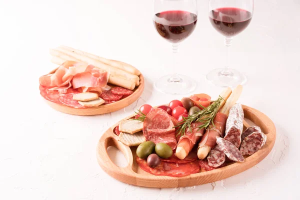 Charcuterie Plate Different Types Meat Snacks Salami Bresaola Proscuitto Wooden — Stock Photo, Image