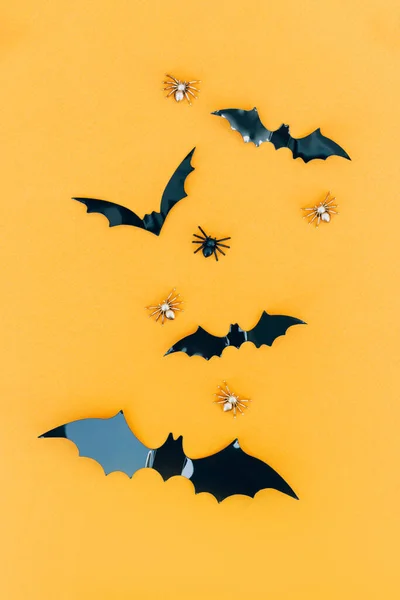 Vertical Halloween Composition Black Decorative Bats Orange Background Minimal Halloween — Fotografia de Stock