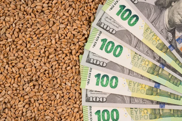 Hundred Dollars Banknotes Euro Money Wheat Grain Global Food Crisis — Stock Photo, Image