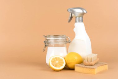 Yeşil ev. Doğal ev yapımı temizleyiciler - kabartma tozu, limon, sitrik asit, açık kahverengi arka planda fotokopi alanı olan sprey şişesi. Biyo organik deterjan ürünleri