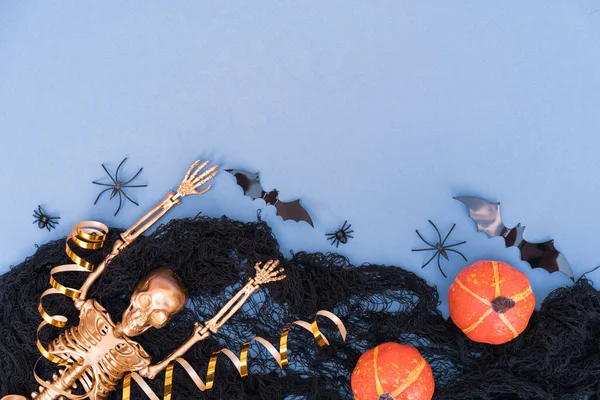 Minimal Style Halloween Composition Black Cobweb Spiders Pumpkins Bats Golden — Stock Photo, Image