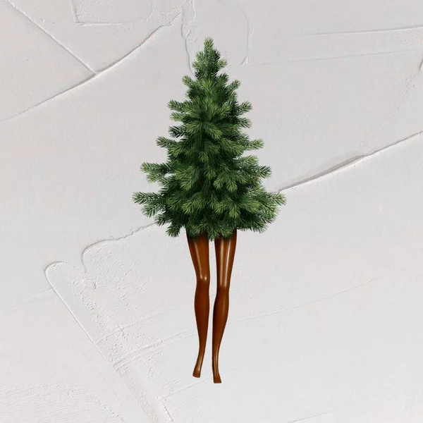 Aranyos karácsonyfa és szilveszteri fa lábakkal. Ünnepi dekoráció reklám, bannerek, design. Bolyhos, szúrós, zöld absztrakt fa - a téli vakáció szimbóluma. Stock Kép