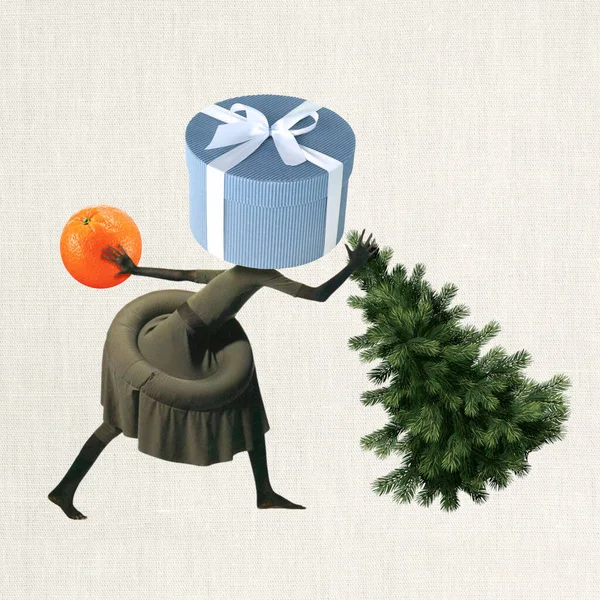 Carino Natale e Capodanno collage di carte, decorazione festiva per pubblicità, banner, disegni. Albero di Natale, mandarino, simboli regalo delle vacanze invernali. — Foto Stock