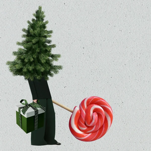 Carino Natale e Capodanno collage di carte, decorazione festiva per pubblicità, banner, disegni. Albero di Natale, lecca-lecca, simboli regalo delle vacanze invernali. Immagine Stock