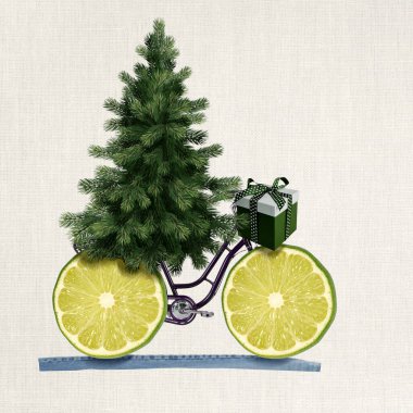 Cute Christmas and New Year collage, Mr. Christmas Tree delivery holiday winter gifts by bicycle on the tangerine Wheels clipart
