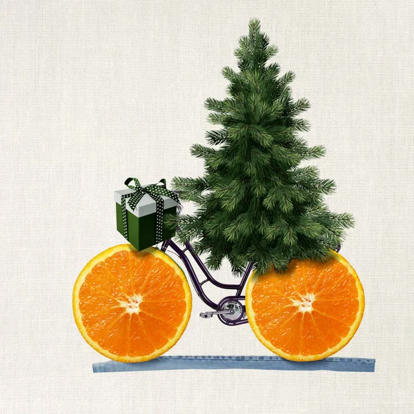 Aranyos Karácsonyi Újévi Kollázs Karácsonyfa Szállítás Ünnep Téli Ajándékok Kerékpárral Jogdíjmentes Stock Képek