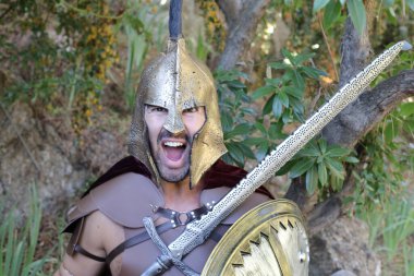 Doğada kılıç ve kalkan taşıyan şövalye kostümlü yakışıklı genç adamın yakın plan portresi.