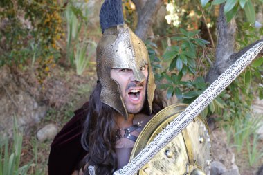 Doğada kılıç ve kalkan taşıyan şövalye kostümlü yakışıklı genç adamın yakın plan portresi.