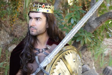 Kral kostümü giymiş yakışıklı bir gencin yakın plan portresi. Doğada kılıç ve kalkan var.