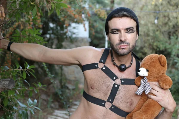 Close Portrait Handsome Young Shirtless Man Leather Harness Holding Teddy — Stock Photo, Image