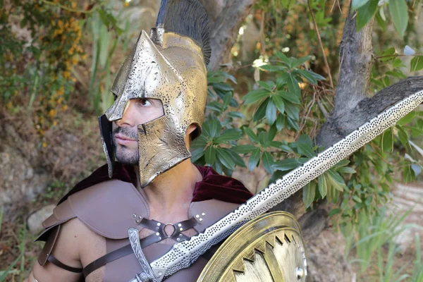 Primer Plano Retrato Joven Guapo Traje Caballero Con Espada Escudo — Foto de Stock