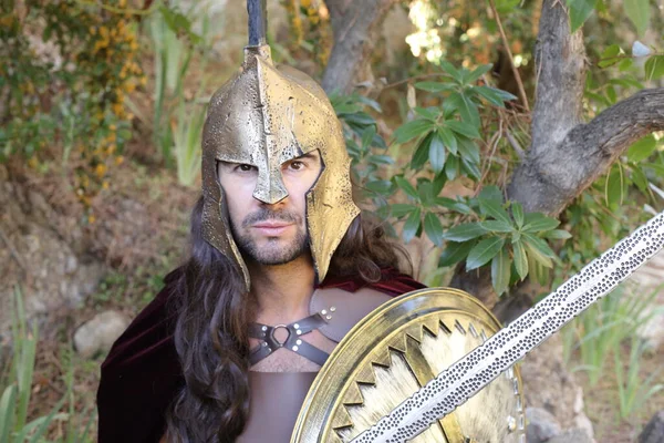 Primer Plano Retrato Joven Guapo Traje Caballero Con Espada Escudo — Foto de Stock