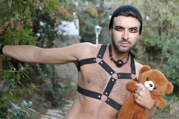 Close Portrait Handsome Young Shirtless Man Leather Harness Holding Teddy — Stock Photo, Image