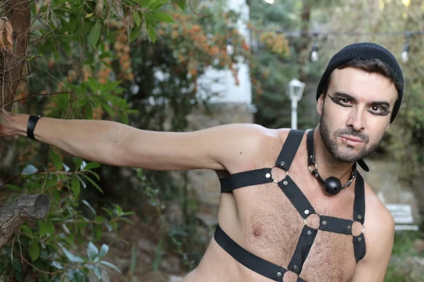 Close Portrait Handsome Young Shirtless Man Leather Harness Nature — Stock Photo, Image