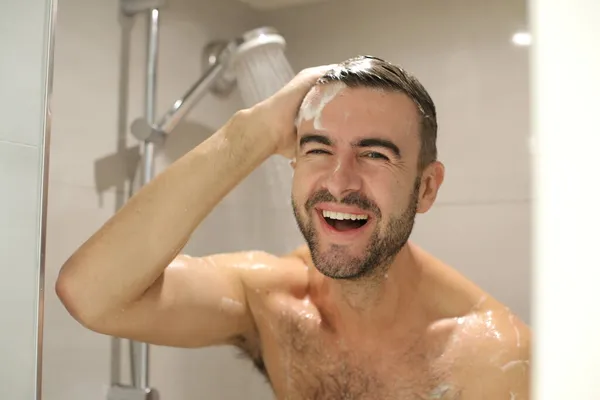 Portrait Handsome Young Shirtless Man Taking Shower — Stock Photo, Image