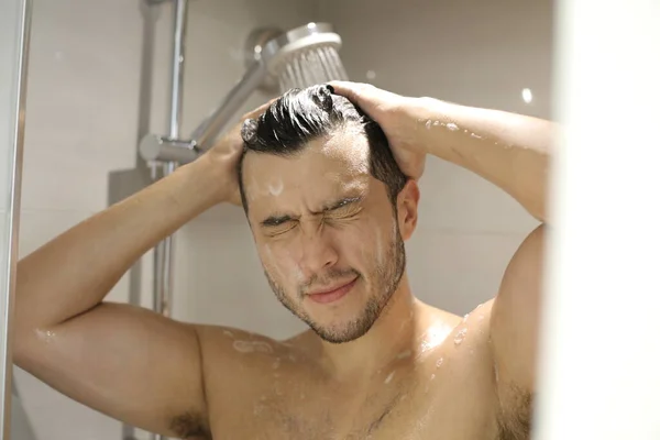 Portrait Handsome Young Shirtless Man Taking Shower — Stock Photo, Image