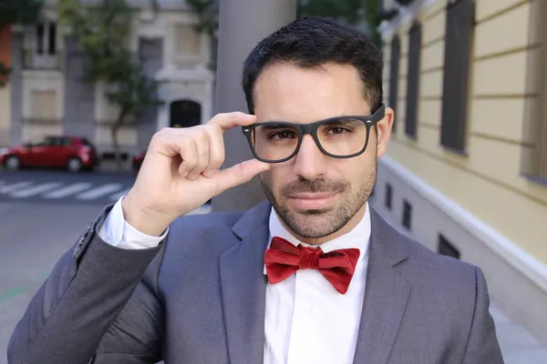 Portrait Handsome Young Man Suit Red Bowtie Street — Stock Photo, Image