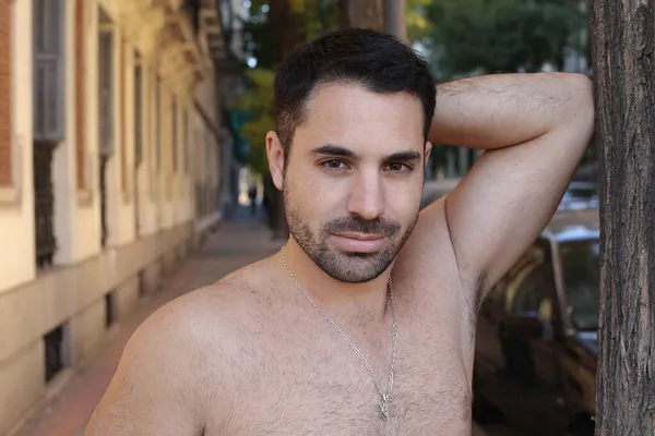 Portrait Handsome Young Shirtless Man City Street — Stock Photo, Image
