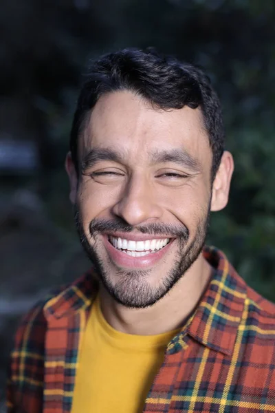 Close Portrait Handsome Young Man Red Plaid Shirt Outdoors — Stock Photo, Image