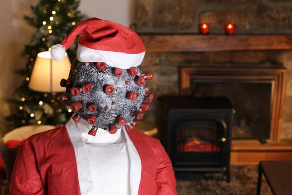 Portrait Personne Costume Père Noël Avec Masque Virus Corona Intérieur — Photo