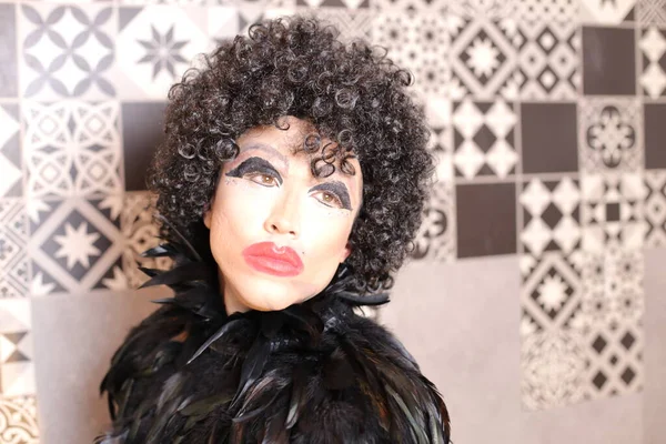 Close Portrait Transgender Woman Wig Dress Home — Stock Photo, Image