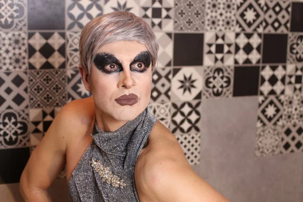 Close Portrait Transgender Woman Wig Dress Home - Stock-foto