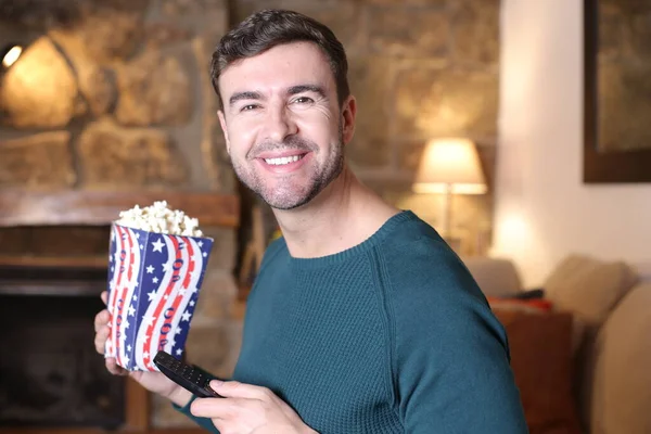 Close Portrait Handsome Young Man Holding Popcorn Remote Home — Stockfoto