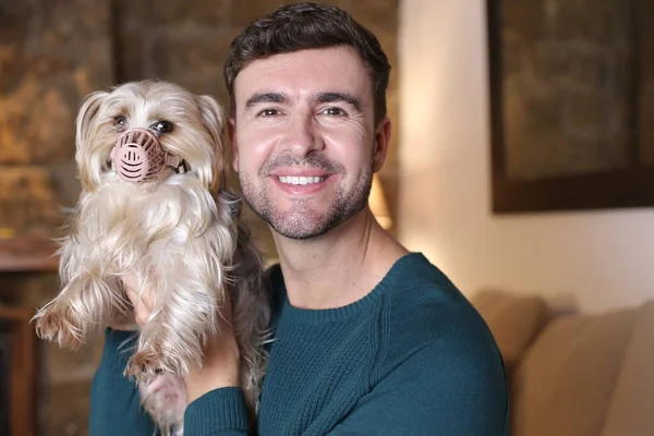 Close Portrait Handsome Young Man Holding Adorable Little Puppy Home — Stockfoto