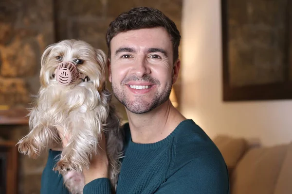 Close Portrait Handsome Young Man Holding Adorable Little Puppy Home — Stockfoto