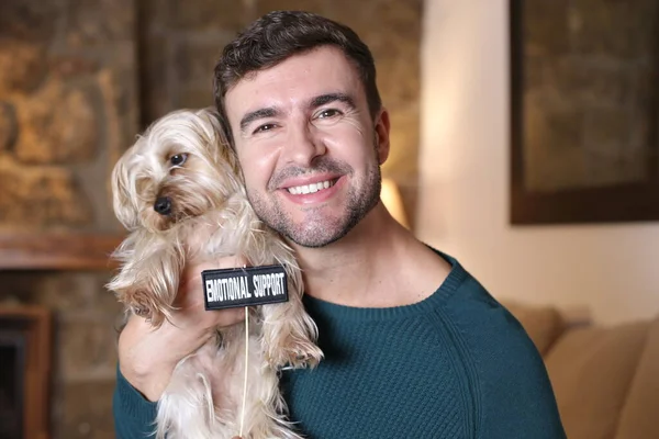 Close Portrait Handsome Young Man Holding His Puppy Emotional Support — Stockfoto