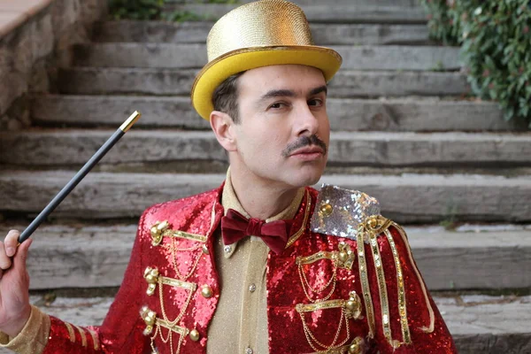 Close Portrait Handsome Young Man Colorful Circus Suit Magic Wand — Stockfoto
