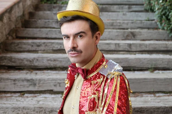 Close Portrait Handsome Young Man Colorful Circus Suit Front Stairs — Fotografia de Stock