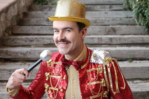 Close Portrait Handsome Young Man Colorful Circus Suit Front Stairs — Fotografia de Stock