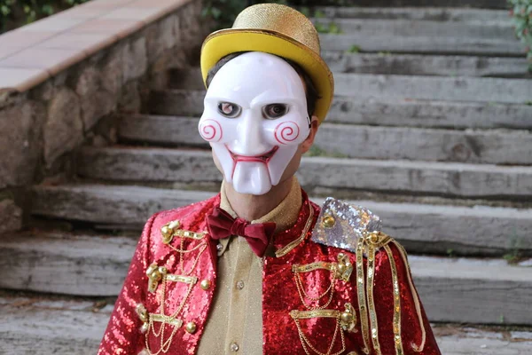Close Portrait Handsome Young Man Colorful Circus Suit Scary Clown — Stock Photo, Image