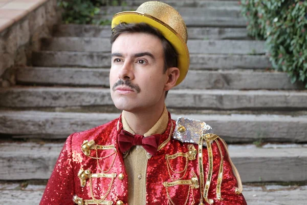 Close Portrait Handsome Young Man Colorful Circus Suit Front Stairs — Fotografia de Stock