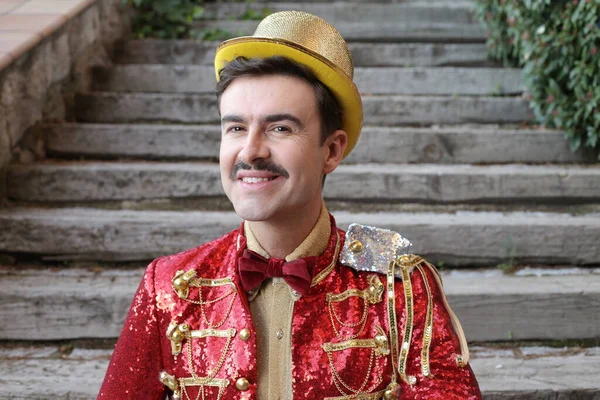 Close Portrait Handsome Young Man Colorful Circus Suit Front Stairs — Stockfoto