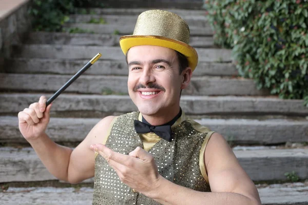 Close Portrait Handsome Young Man Golden Cylinder Hat Cane Front — Fotografia de Stock