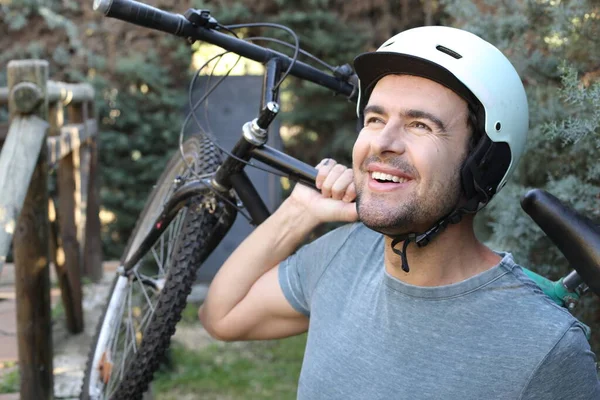Portrait Handsome Young Man Helmet Bicycle Nature — Stock Photo, Image