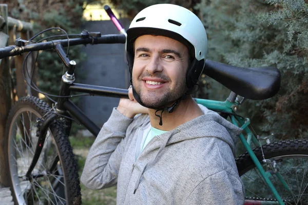 Portrait Handsome Young Man Helmet Bicycle Nature — Foto Stock