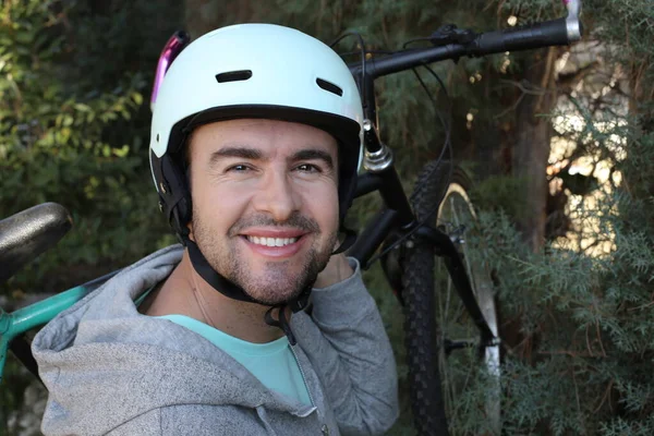 Portrait Handsome Young Man Helmet Bicycle Nature — Foto Stock