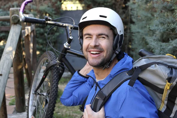 Portrait Handsome Young Man Helmet Bicycle Nature — Foto Stock